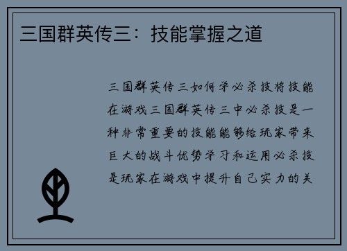 三国群英传三：技能掌握之道